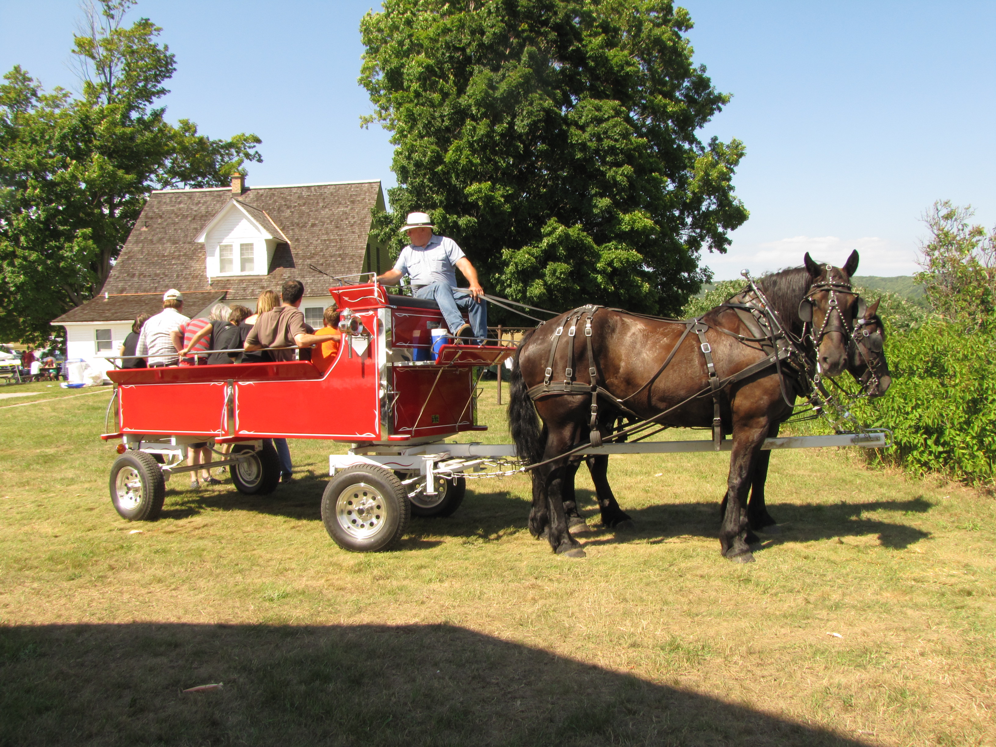 Port-Oneida-Fair-Wagon-Ride Horse-pulled red wagon loaded with fairgoers