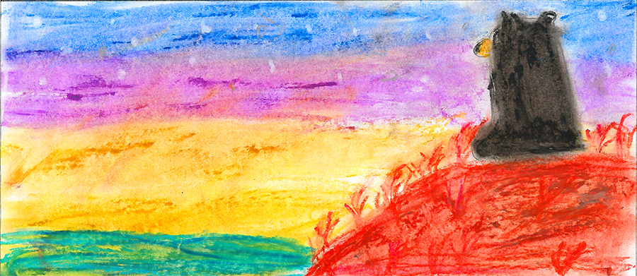 Color drawing of bear overlooking the lake during a sunset.