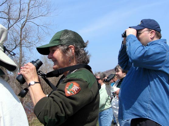 Ranger Peg Burman identifies migratory birds in the park.