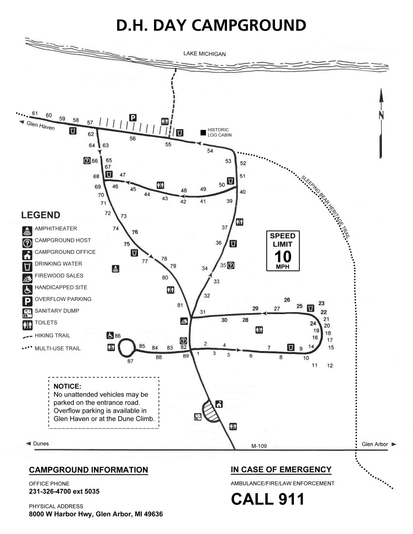 Map of the roads, campsites, and facilities in the DH Day Campground