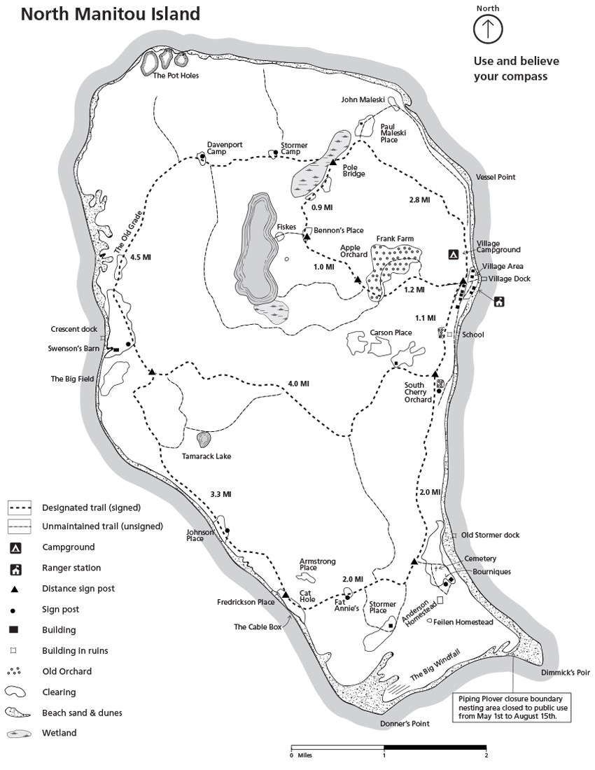 Map of North Manitou Island showing roads, land features.