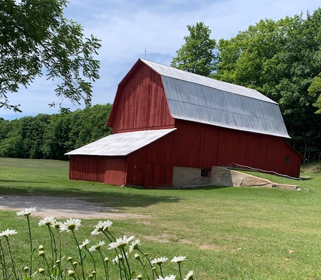 Red barn with sloped concrete ramp to side door