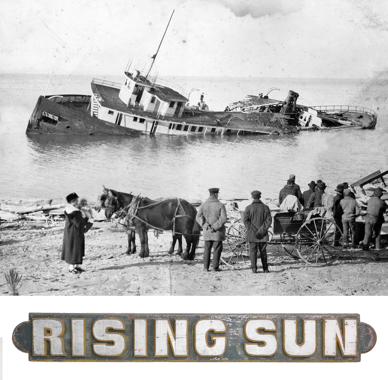 Shipwreck off shore with people on the beach, and a photo of the Rising Sun nameboard