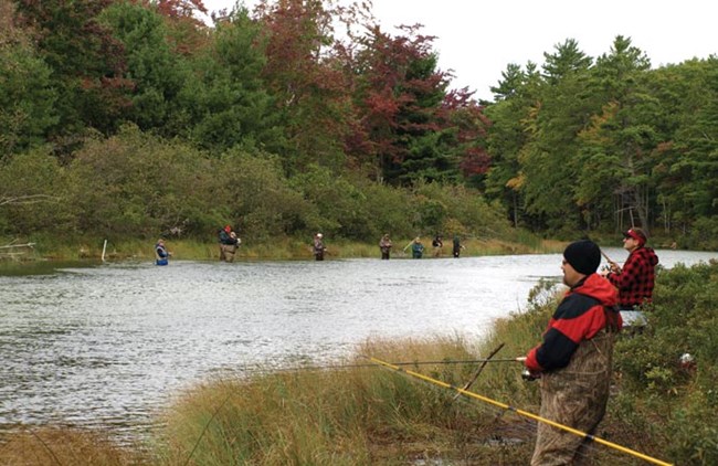 People fish along the sides of a river.