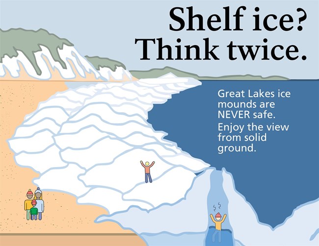 Illustration warning about unsafe Great Lakes shelf ice with two cartoon people standing on and falling through ice near shore. A cartoon family stands safely on shore. Text reads, "Shelf ice? Think twice. Great Lakes ice mounds are NEVER safe. Enjoy the