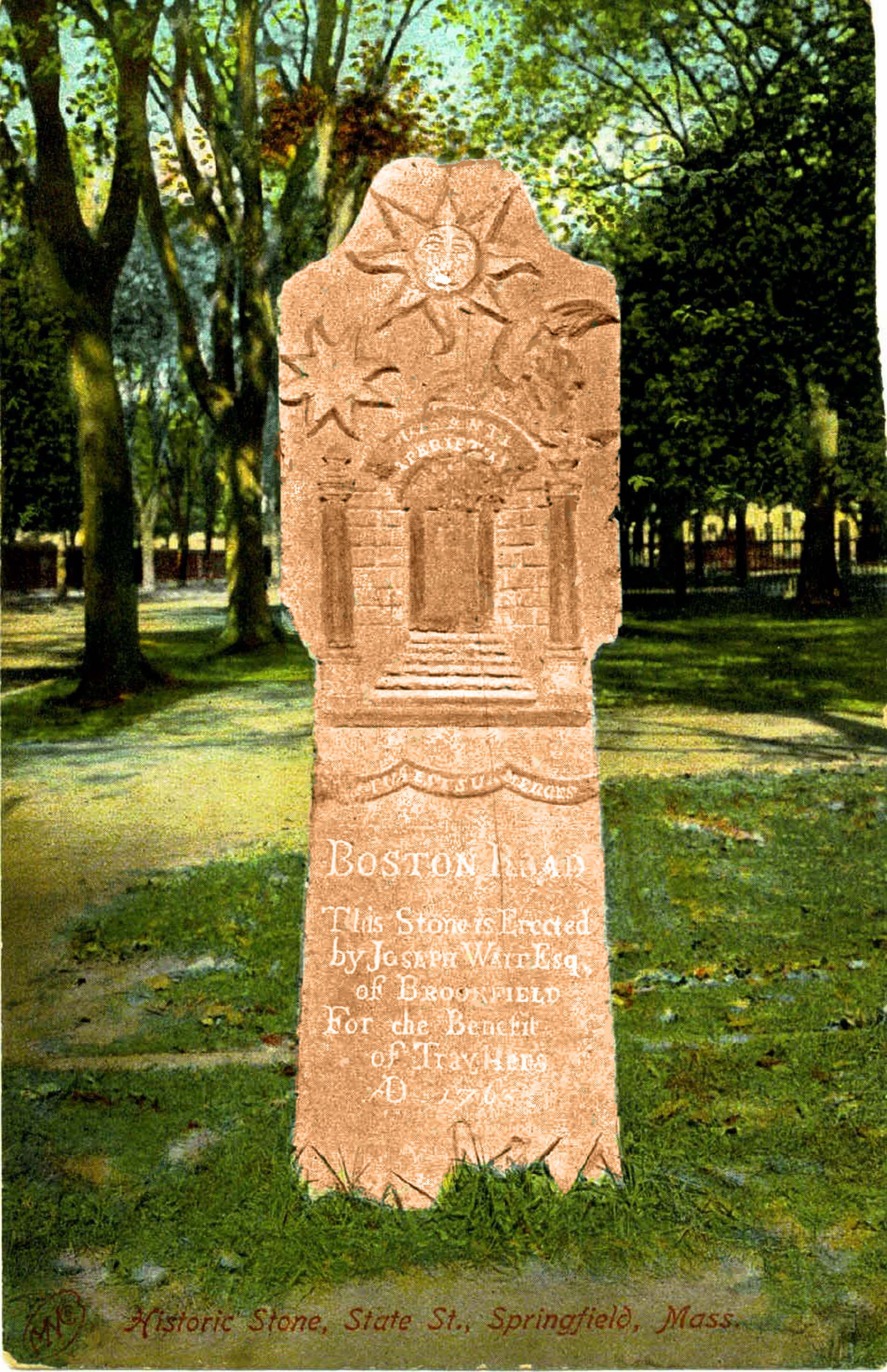 The Wait Boston Road marker seen in a 1920's postcard
