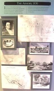 Displayed are images of Superintendent Roswell Lee, early buildings, and maps.