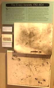 Displayed are early images of the Continental Magazine [blt. 1782] and two early maps.
