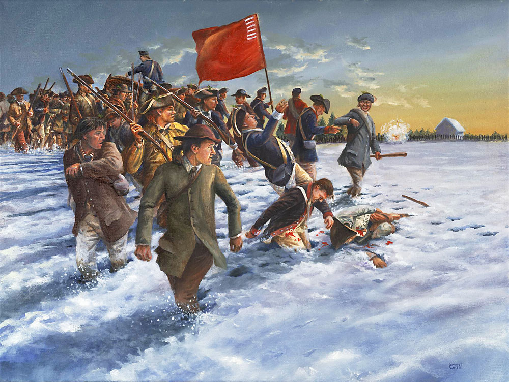 Painting. Men in 18th century dress march across a snowy field. Some of them have been shot and are falling into the snow.
