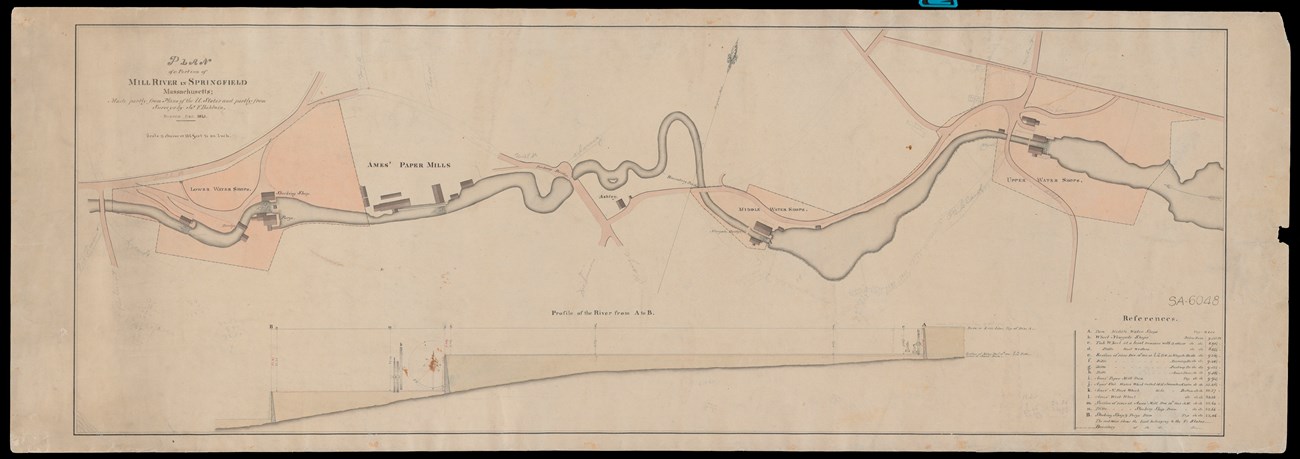 A map of the Mill River with the different shops located on the river.