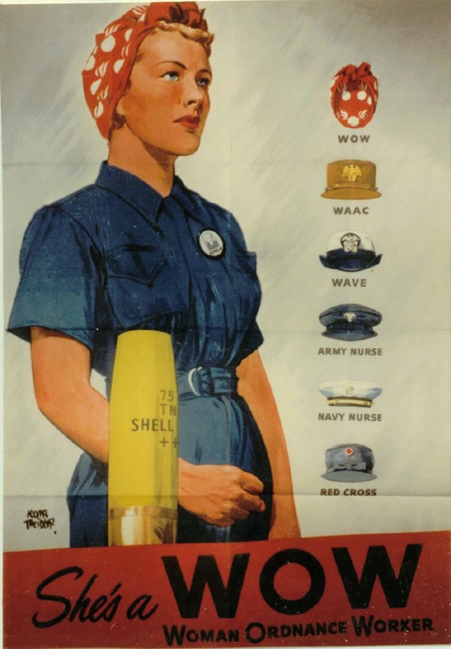 A poster of a WOW in a blue uniform with a bandana on her head. In front of her is a cartridge and to the side are other headwear of different women organizations.