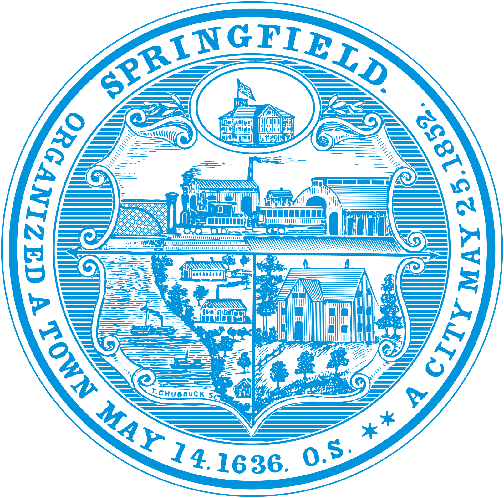A light blue circle that has images that represent the City of Springfield and the date the city was established.