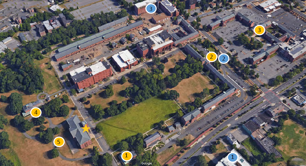 A map of Springfield Armory with yellow and blue circles highlight various sites.