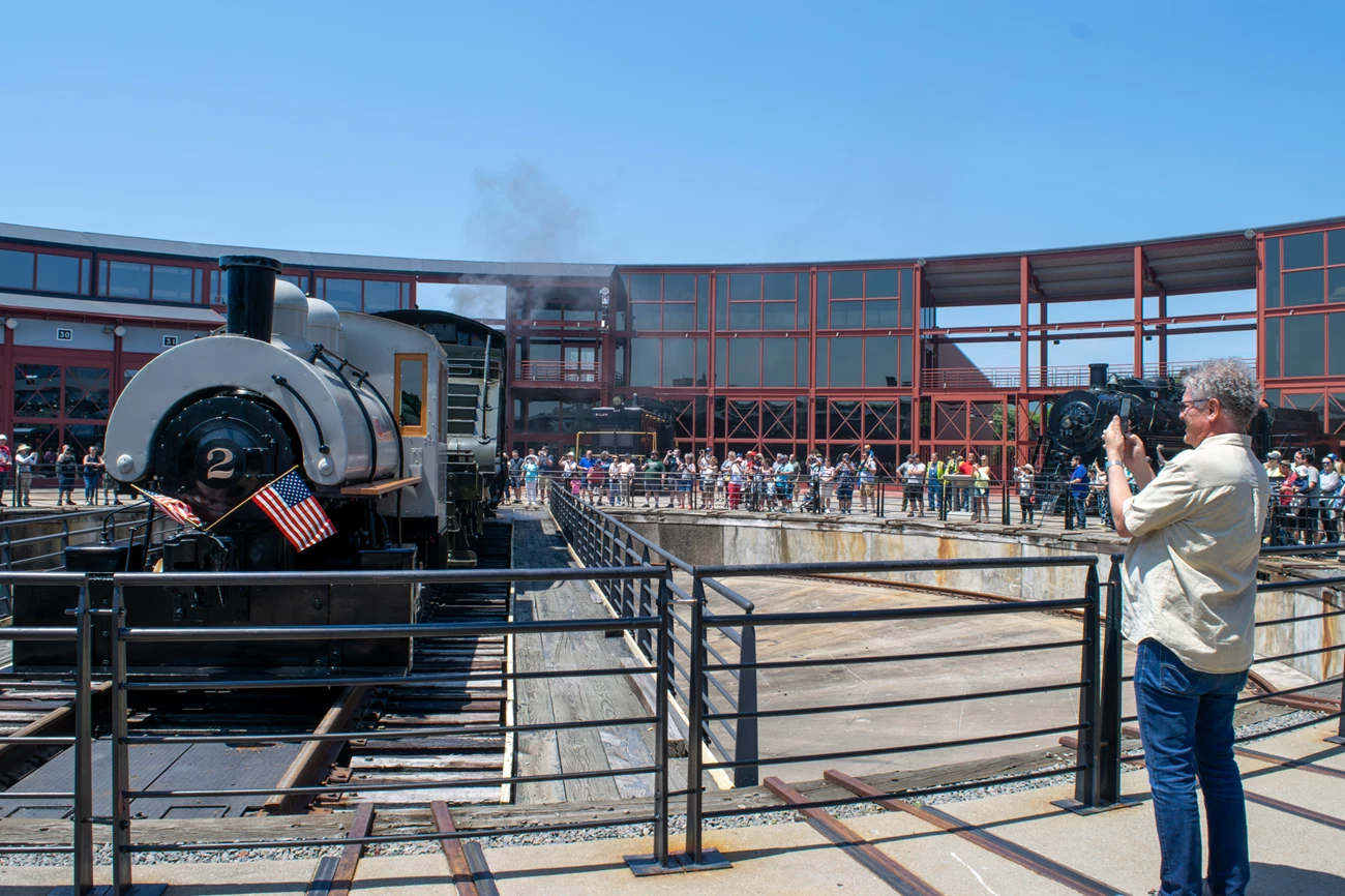 Front of Bullard No 2 while it sits on turntable Front of Bullard No 2 while it sits on turntable, crowd watches on