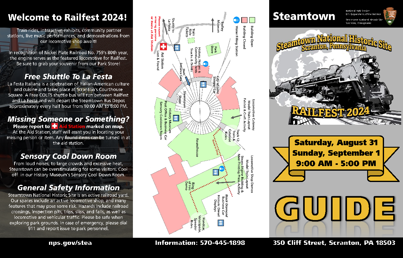 Railfest 2024 Trifold Guide_Page_1 Image of visitor guide brochure divided into 3 sections: safety on left, site map in middle, program guide and cover on right
