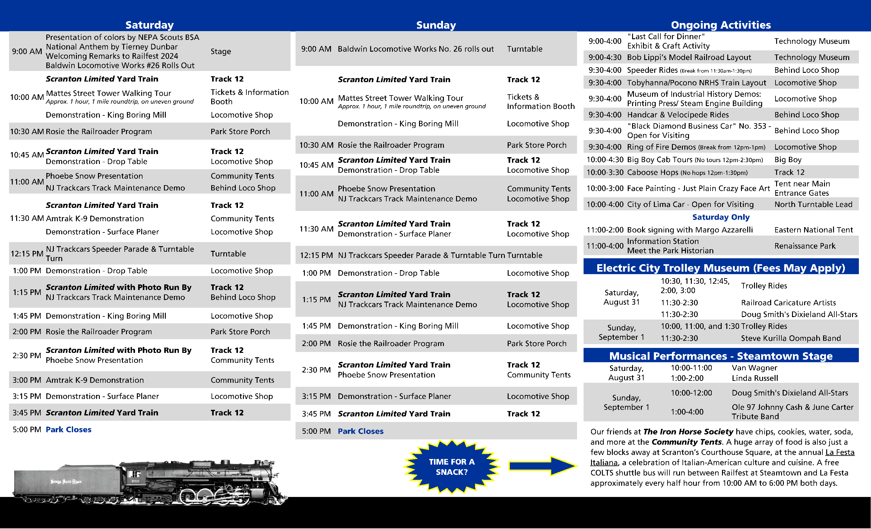 Railfest 2024 Trifold Guide_Page_2 Page two of trifold brochure for Railfest 2024. Left side includes Saturday events, middle includes Sunday events, right side includes ongoing events all weekend
