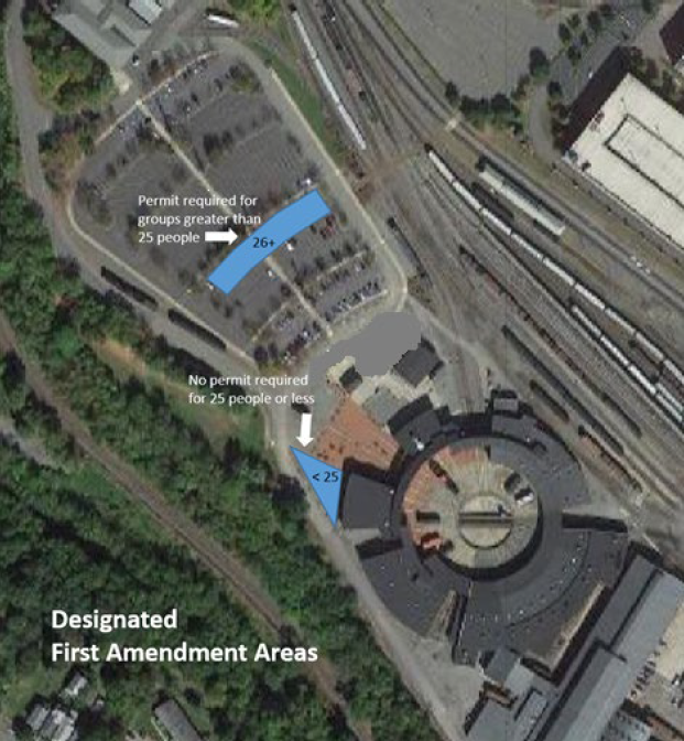 Aerial view of steamtown nhs with two blue shapes depicting first amendment areas