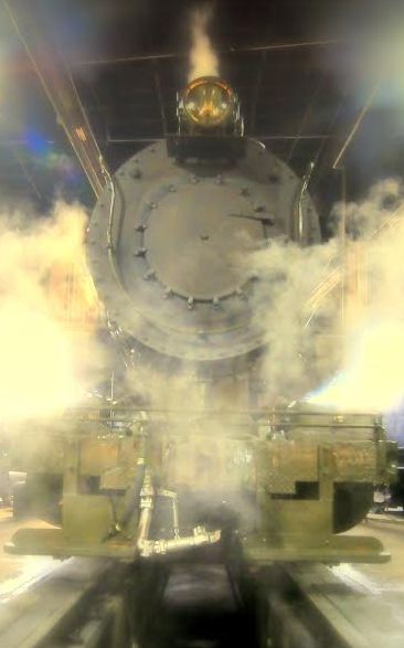 Baldwin #26 locomotive shrouded in steam at Halloween