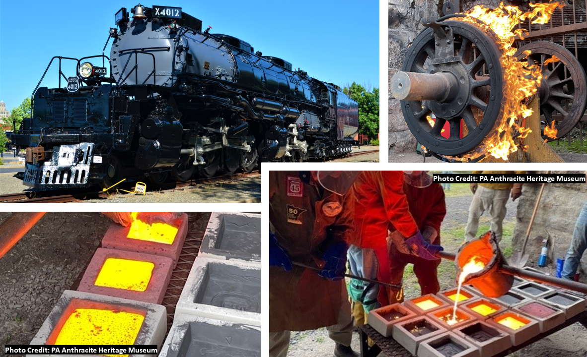 collage of four images showing train and iron pour demonstrations