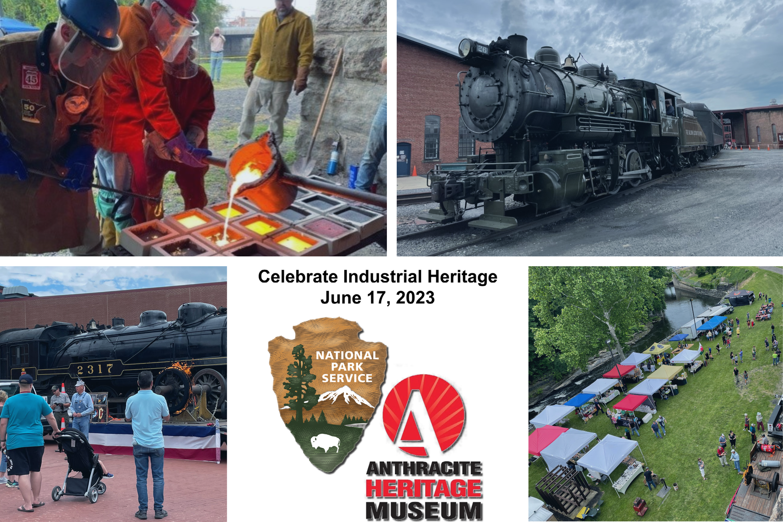 a collage of 4 images showing trains, pop up tents, and pouring molten iron