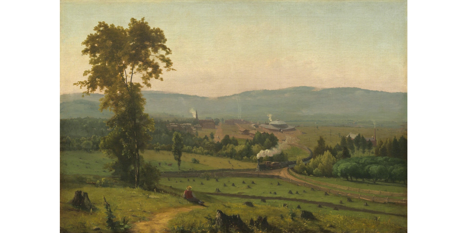 The Lackawanna Valley by George Innis Image of the Lackawanna Valley in Northeastern Pennsylvania with a steam locomotive on roundhouse in the distance