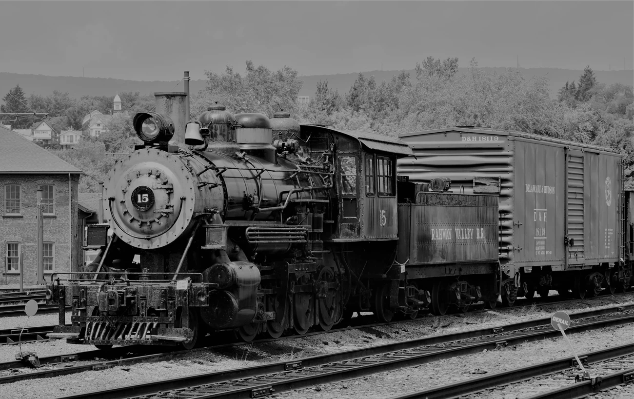 Rahway Valley R.R. No. 15 black and white black and white photo of Rahway Valley train number 15 on the tracks