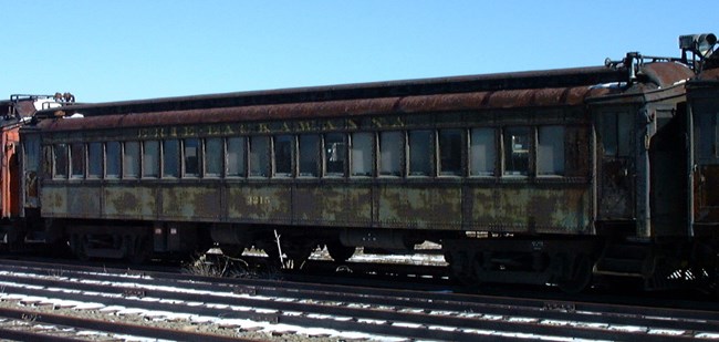 Delaware, Lackawanna & Western Railroad Electric Passenger Trailer #315 in worn, faded dark green paint Delaware, Lackawanna & Western Railroad Electric Passenger Trailer #315 in worn, faded dark green paint