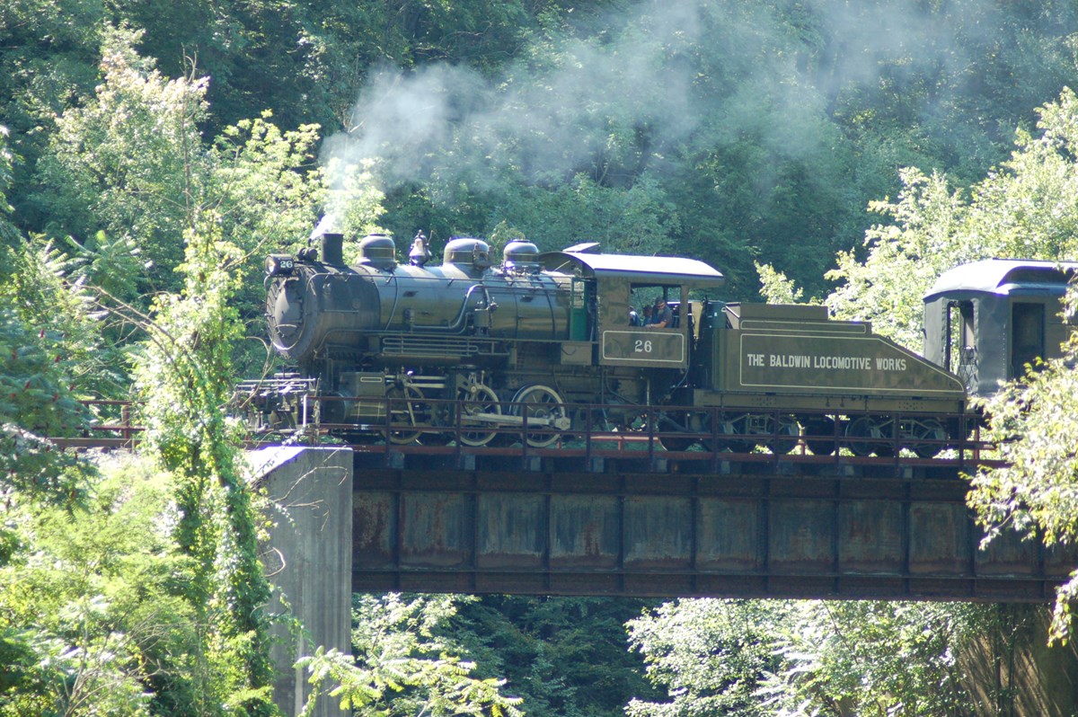 Historic steam locomotive crossing over a bridge which is located in a valley surrounded by trees
