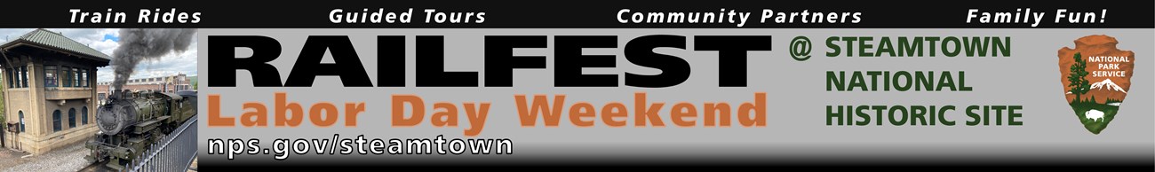 banner with text "Railfest Labor Day Weekend" and image of a steam locomotive passing a signal tower
