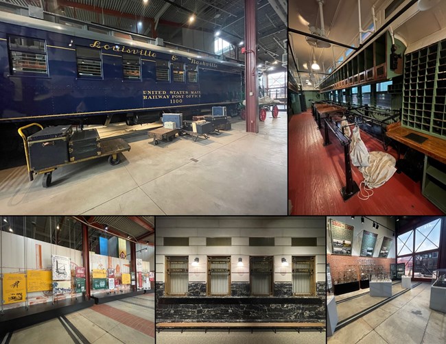 composite image of things to do activities which include images of mail railroad car interior and exterior, history museum exhibit, ticket counter, and archeology exhibit