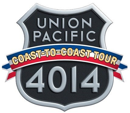 Union Pacific shield with number 4014 and Coast to Coast Tour Banner