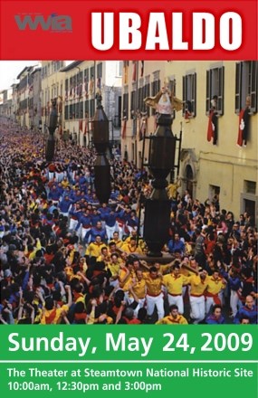 Movie poster with title Ubaldo at top, photo of a religious parade of saints in center, green at bottom with text Sunday, May 24, 2009