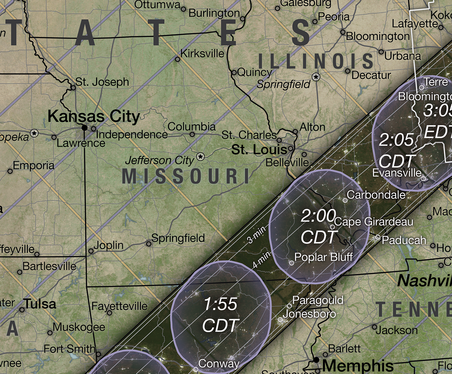 Map featuring the path of the 2024 Total Solar Eclipse passing over the state of Missouri.
