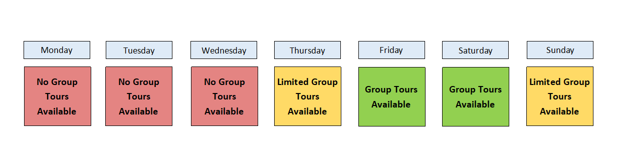 Schedule of the seven days a week with colored squares indicating group tour availability. Monday, Tuesday, and Wednesday say no tours, Thursday and Sunday are yellow and say limited tours, and Friday and Saturday are green and say tours available.