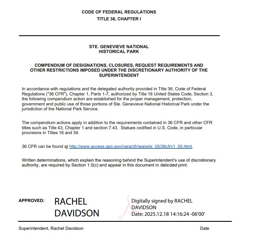 Ste. Genevieve NHP Superintendent Compendium cover page signed by Superintendent Rachel Davidson on December 18, 2025