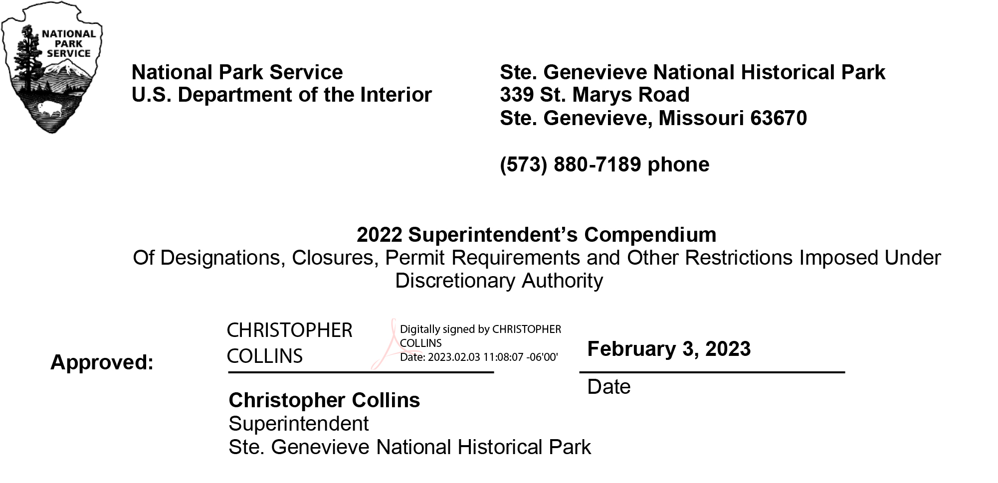 Superintendent's Compendium - Ste. Geneviève National Historical Park (U.S.  National Park Service)