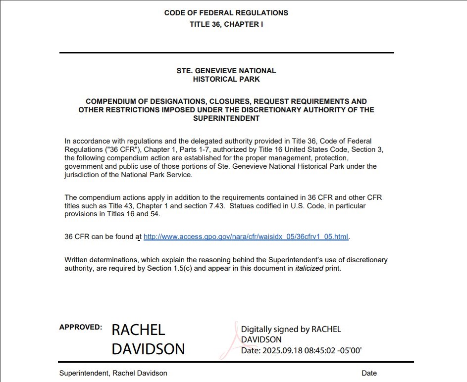 Ste. Genevieve NHP Superintendent Compendium cover page signed by Superintendent Rachel Davidson on September 18, 2025