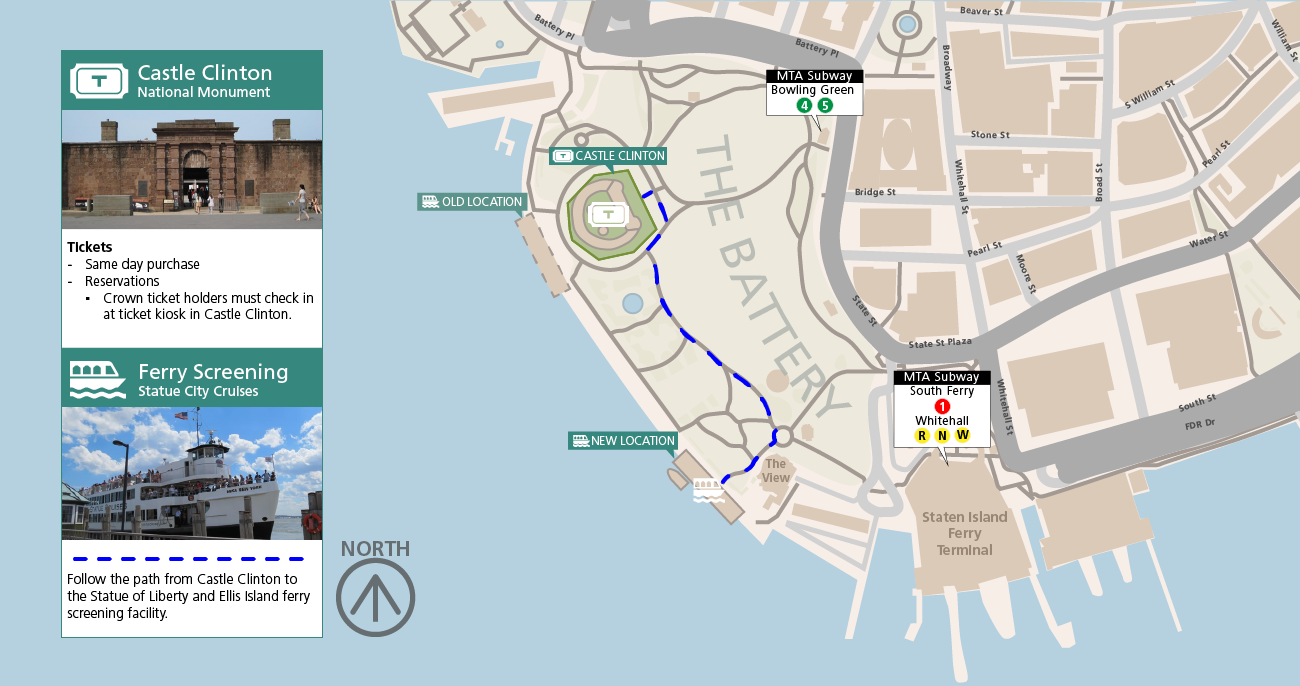 A map of lower Manhattan that shows The Battery with the location of Castle Clinton, the screening facility, and the MTA subway stops for Bowling Green and South Ferry and Whitehall stations. There is a key to the left of the image with text.