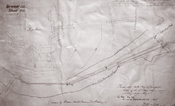 A sketch of Bedloe's Island seawall location by the U.S. Engineer Department circa 1847.