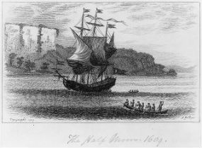 An illustration of Henry Hudson's ship, The Half Moon, at anchor in the Hudson River circa 1609.
