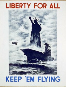 This early 1940s poster urged Americans to support soldiers overseas in order to protect and preserve “Liberty for all.”