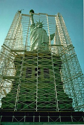 From the ground front of the Statue of Liberty