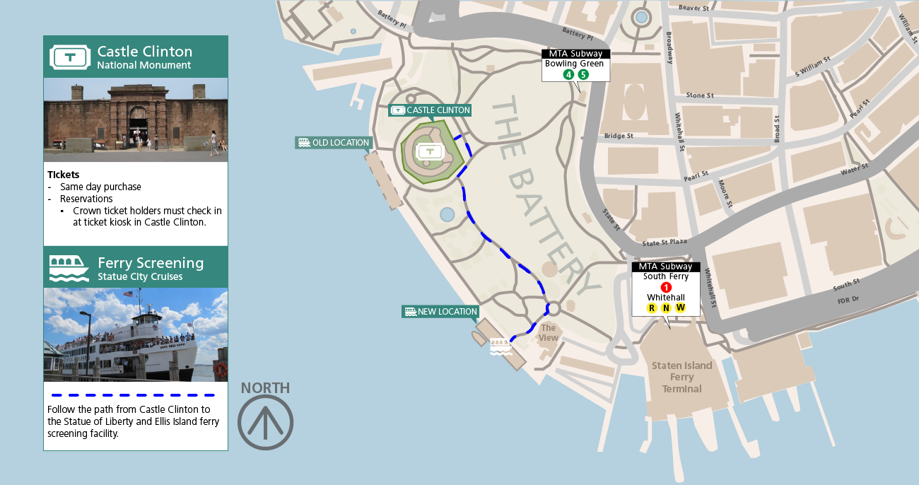 Map of THe Battery in Lower Manhattan show new loction of NPS security screening facility.