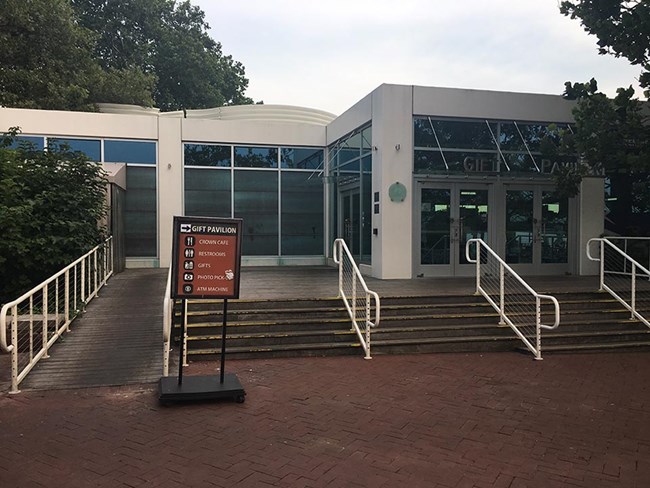 A view of the entrance to the gift pavilion shop with accessibility ramp.