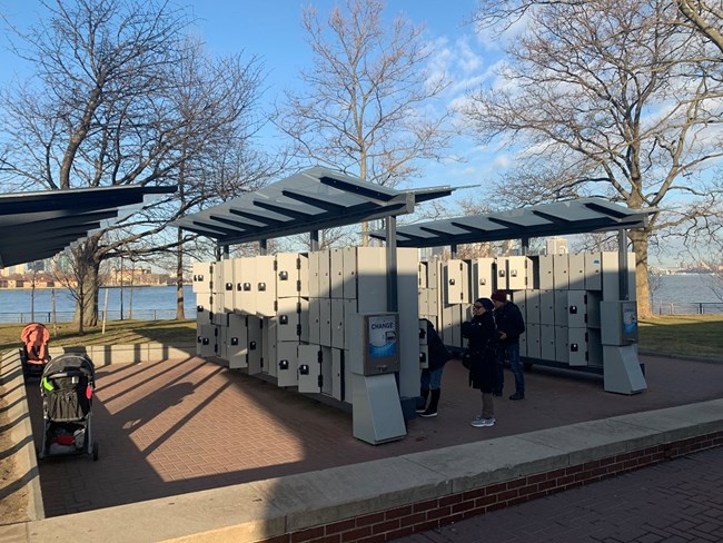 Rows of lockers on Liberty Island