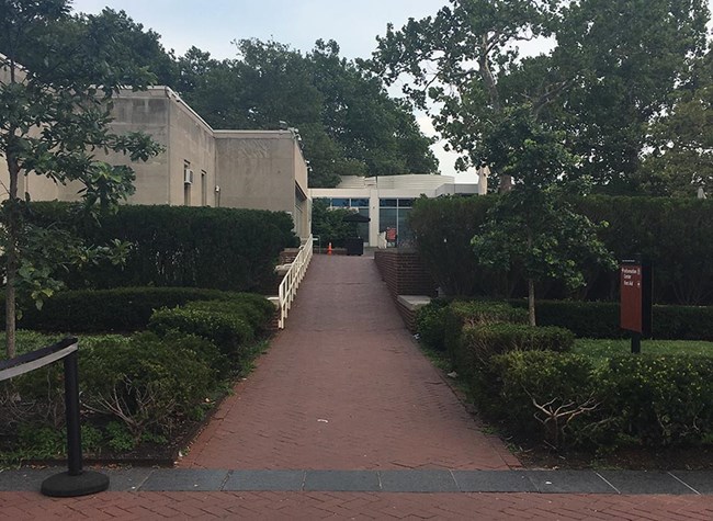 The ramp leading up toward the dining patio, cafe/bookstore entrance, and gift shop.