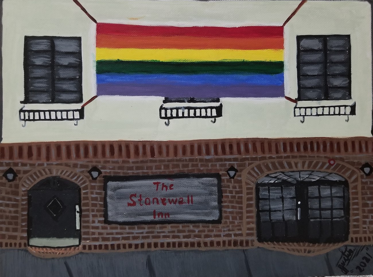 A Painting of Stonewall with a rainbow flag