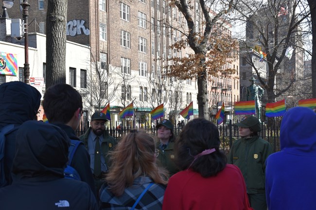 Rangers talking to a group of people