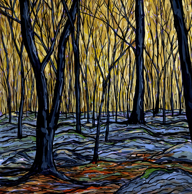 Jaime Barks - The Slaughter Pen Painting showing the rocks and winter trees at Stones River National Battlefield.