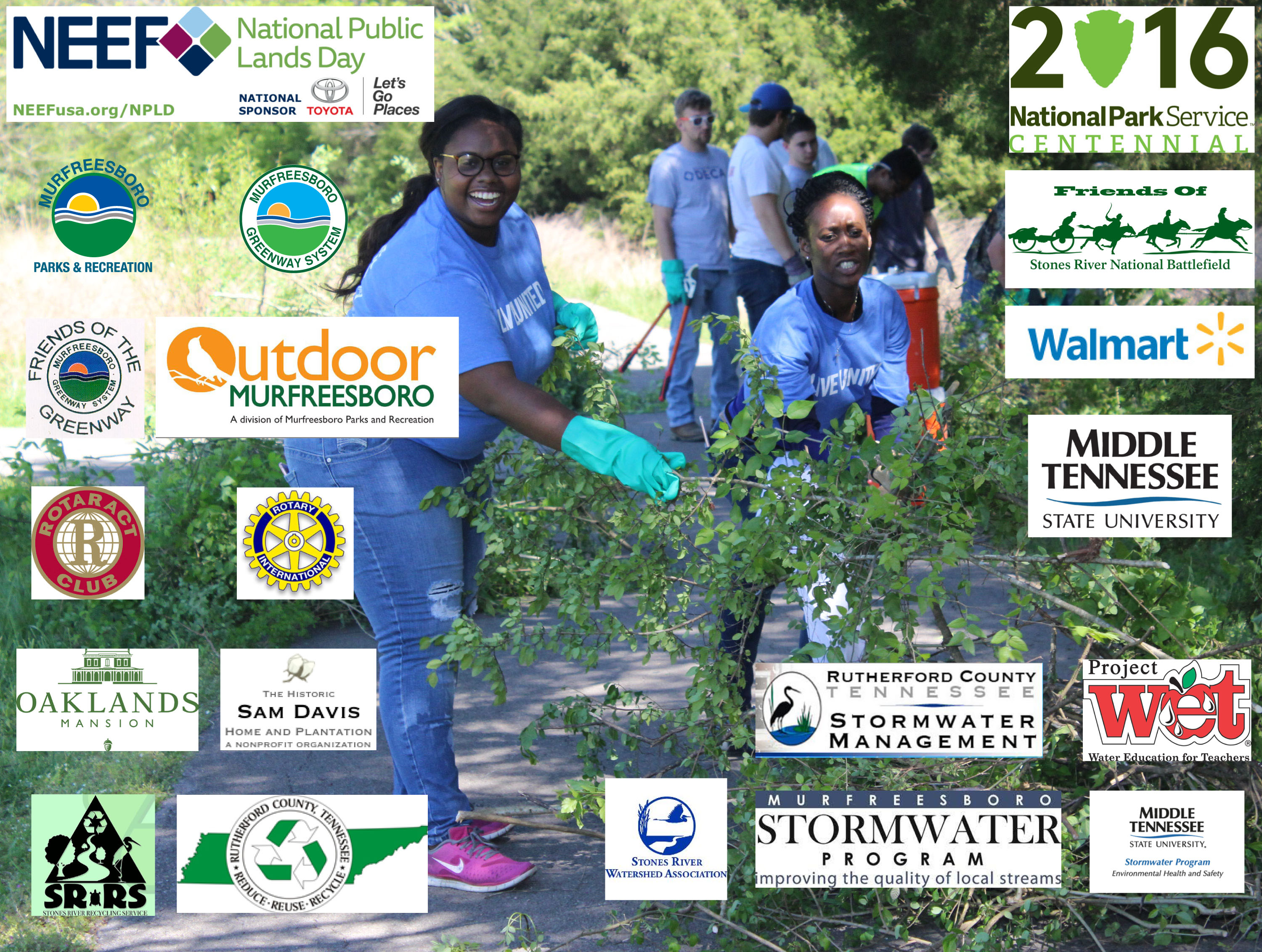 Two volunteers pause to smile while clearing brush. Photo includes logos of National Public Lands Day partners. Two volunteers pause to smile while clearing brush. Photo includes logos of National Public Lands Day partners.